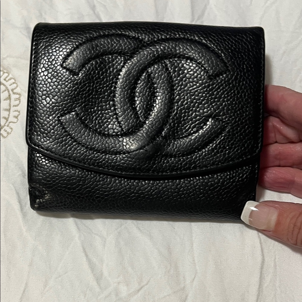 CHANEL Black Quilted Caviar Leather Bi-Fold wallet authentic COA is available